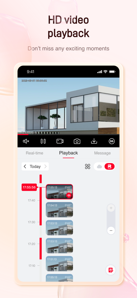 Metfone Home - Metfone Home App-Oberfläche, die die HD-Videowiedergabefunktion mit einer Zeitachse von Überwachungskameraufzeichnungen zeigt.