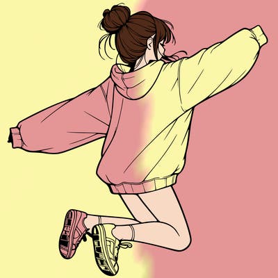 realistic girl jumping with a bun and oversized sweatshirt