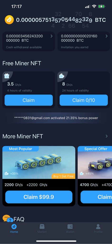 Écran d'accueil de l'application Bitcoin Cloud Mining montrant le BTC gagné et les options pour réclamer de la puissance de minage gratuite.