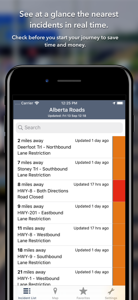 Alberta Roads app screen showing a list of nearby traffic incidents and road closures sorted by distance