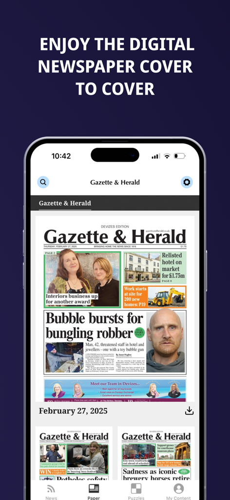 The Wiltshire Gazette and Herald mobile app showing the digital newspaper cover.