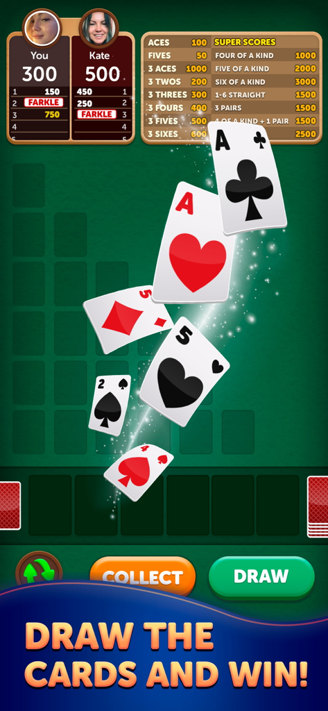 Écran de jeu mobile de Farkle Cards montrant un match compétitif avec les règles de score et les cartes tirées sur une table verte.