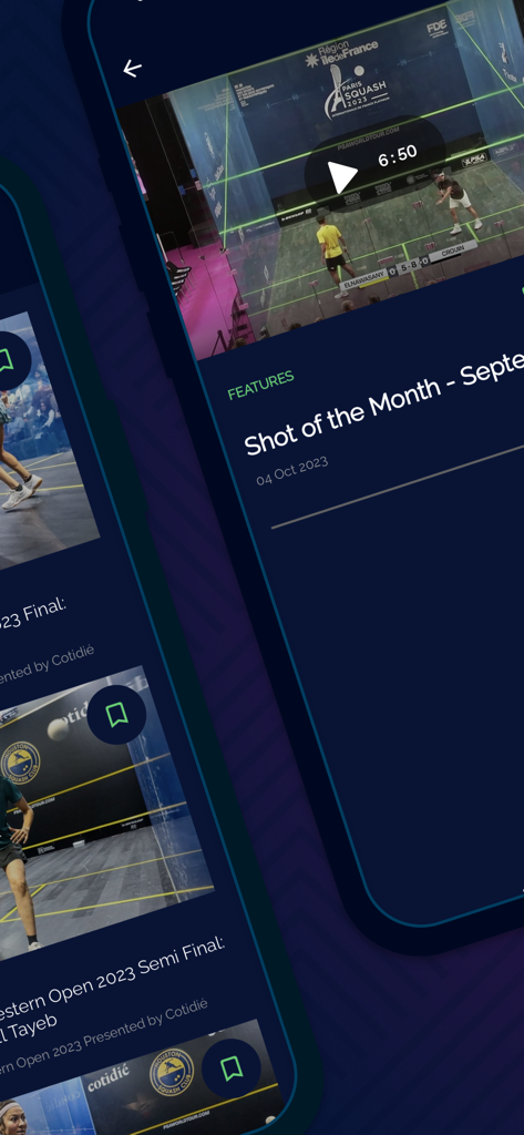 SQUASHTV - SQUASHTV mobile app interface showing a video feed of squash match highlights and feature clips