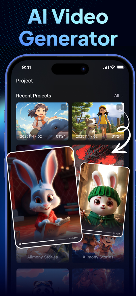 AI Video Generator - Vizmo AI - Vizmo AI video generator app interface showing a dashboard of recent projects with AI generated character videos.