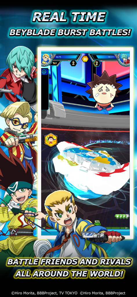 Una captura de pantalla de una batalla de Beyblade Burst en progreso con bladers populares de la serie de anime.