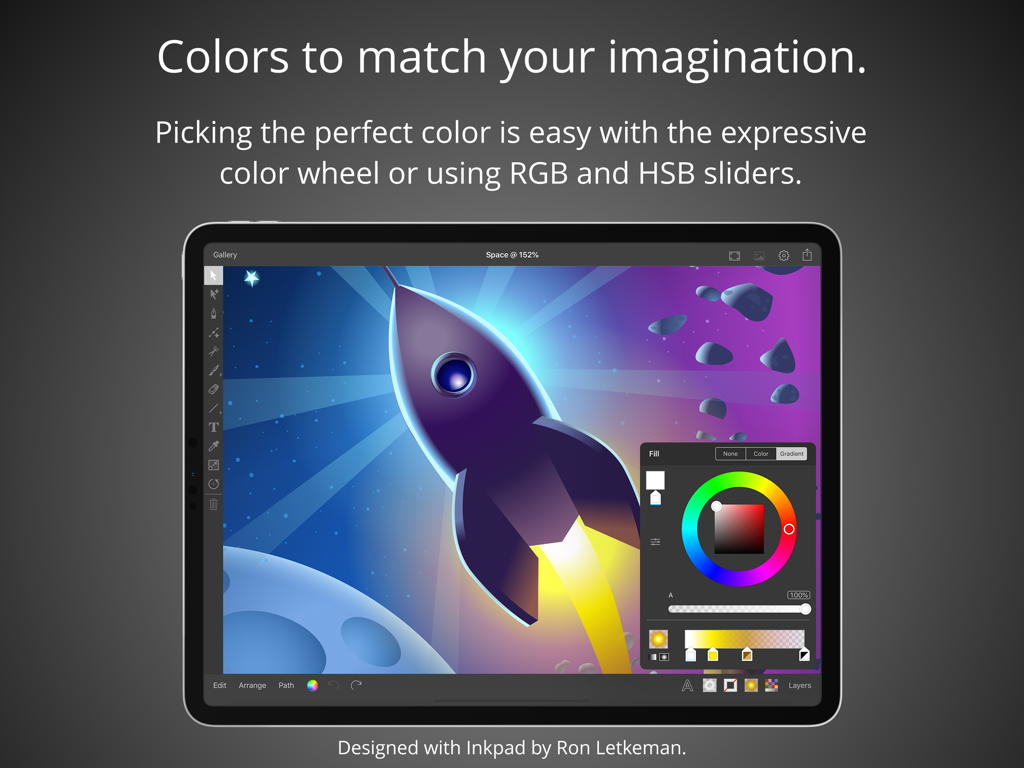 Inkpad - Graphic Design - Inkpad app interface on iPad showing a color wheel and sliders over a rocket ship vector illustration
