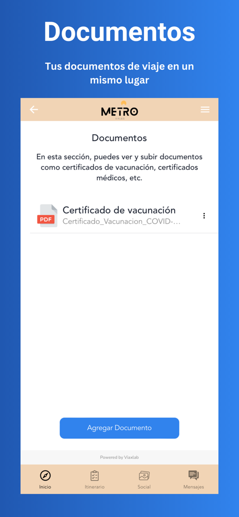 Viaxlab - Mobile screen of Viaxlab app showing a travel documents folder with a vaccination certificate PDF.