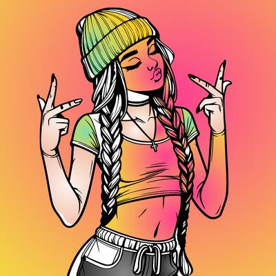 realistic teenage girl with braids and a beanie and crop top doing 🫶🏼