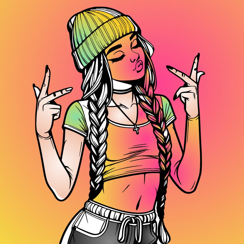 realistic teenage girl with braids and a beanie and crop top doing 🫶🏼