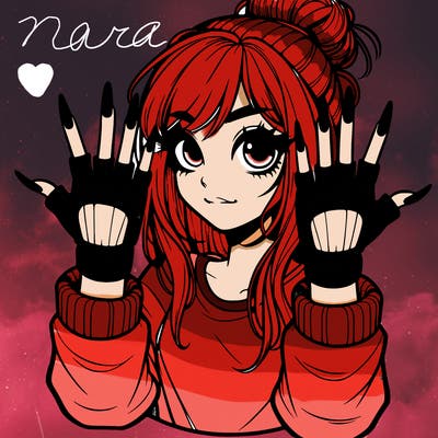 girl with fingerless gloves putting up the metal sign the girl has long nails and a messy bun