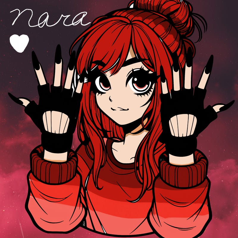 girl with fingerless gloves putting up the metal sign the girl has long nails and a messy bun