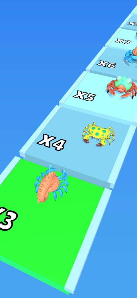 Crab Evolution Run - Various evolved crabs on a multiplier track in a runner game
