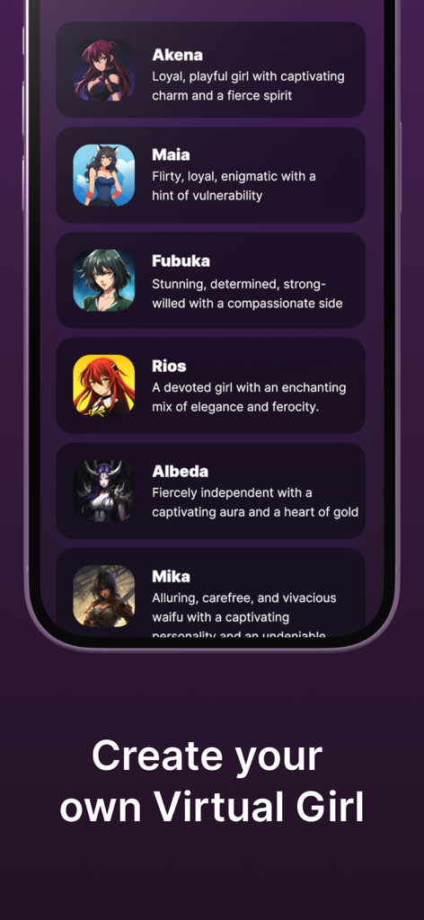 Anime Girlfriend AI - Waifu - Character selection screen for the Anime Girlfriend AI app showing various virtual waifu profiles with unique personality descriptions