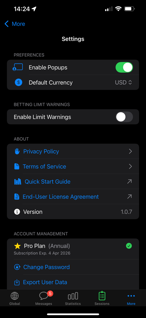 TrackNbet - TrackNbet settings menu showing account and preference options
