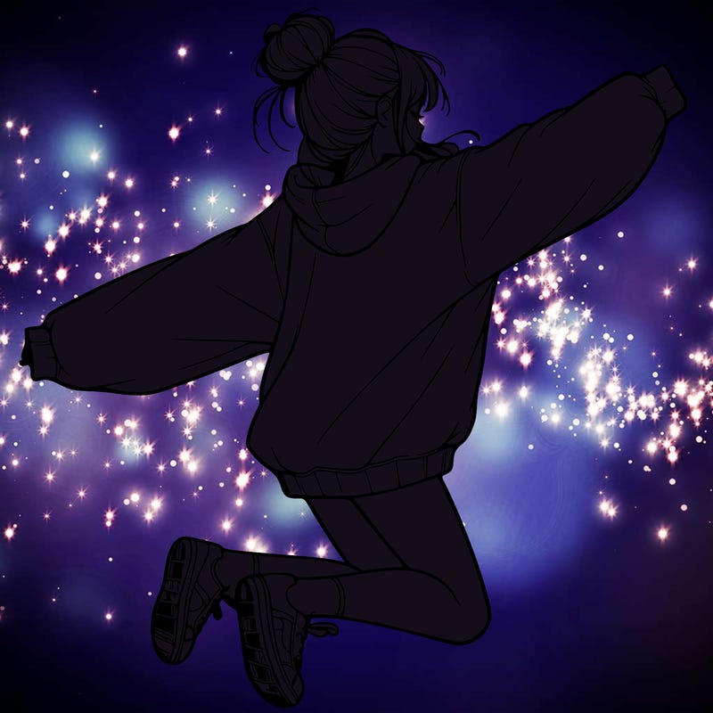 realistic girl jumping with a bun and oversized sweatshirt