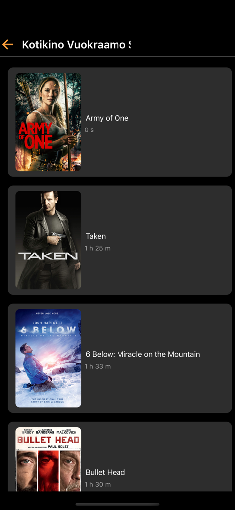 Kotikino - List of movies available for rent on the Kotikino streaming app showing titles like Taken and Army of One