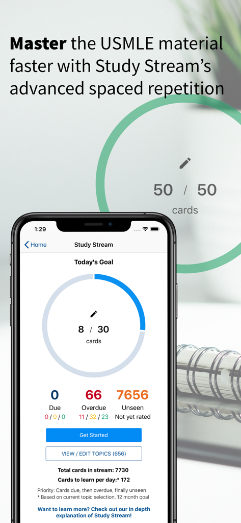 USMLE-Rx - USMLE-Rx mobile app showing study stream flashcard progress and spaced repetition stats