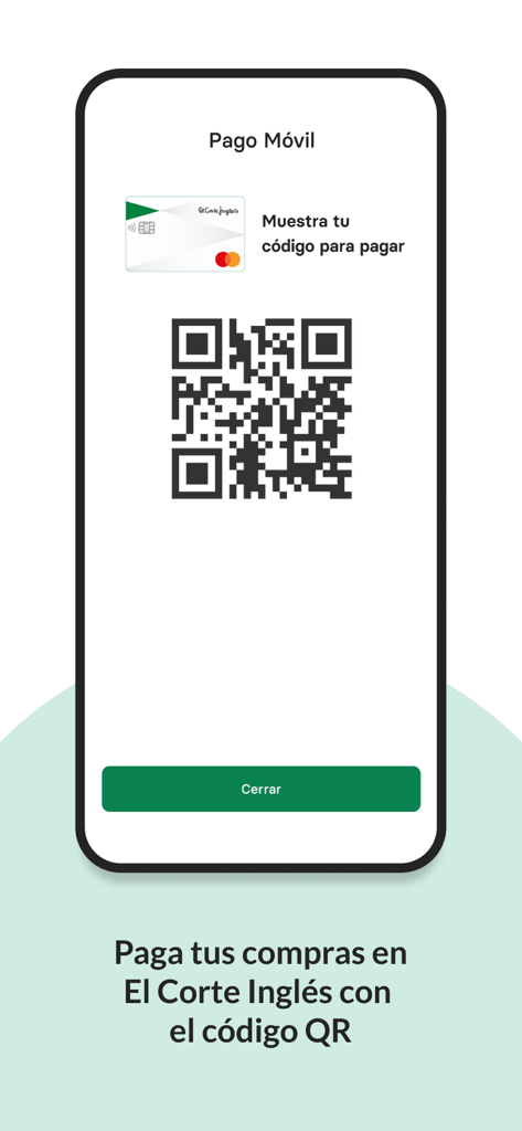 Tarjeta El Corte Inglés - Pantalla de teléfono móvil mostrando un código QR para pagos móviles con la tarjeta El Corte Inglés.