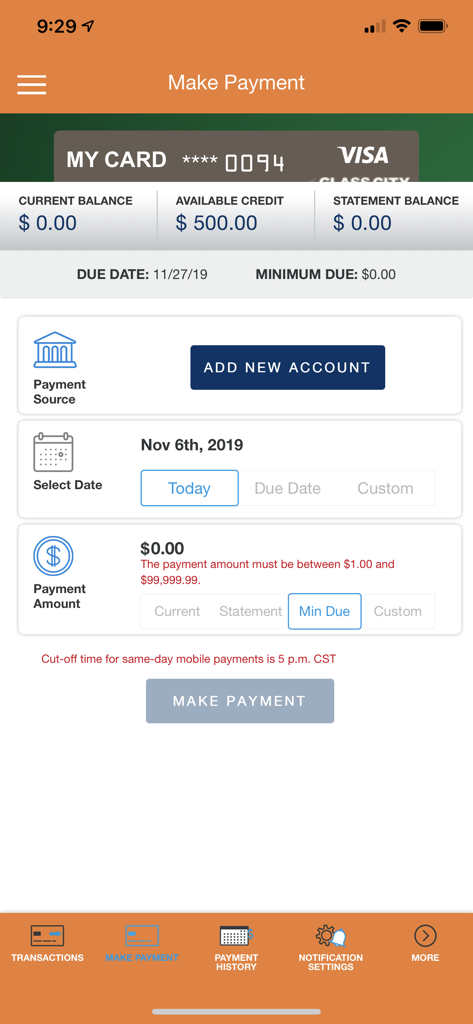 Écran de l'application mobile Glass City Card Controls pour effectuer un paiement par carte de crédit, affichant le solde de la carte et les options de paiement.