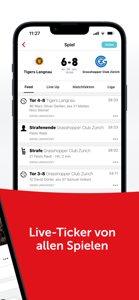 swiss unihockey hub - Live match ticker on the swiss unihockey hub app showing floorball game scores and events