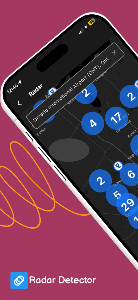 Radar Detector: Police Finder - Radar Detector app interface showing a map with clustered police alerts and speed trap notifications