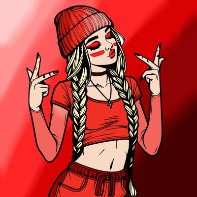 realistic teenage girl with braids and a beanie and crop top doing 🫶🏼