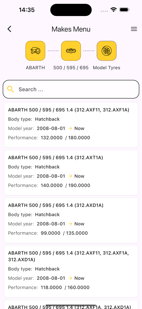 KPARTS - Auto Parts Catalogs - A screen from the KPARTS app showing a list of Abarth 500 vehicle models with technical details like body type, model year, and performance specs.