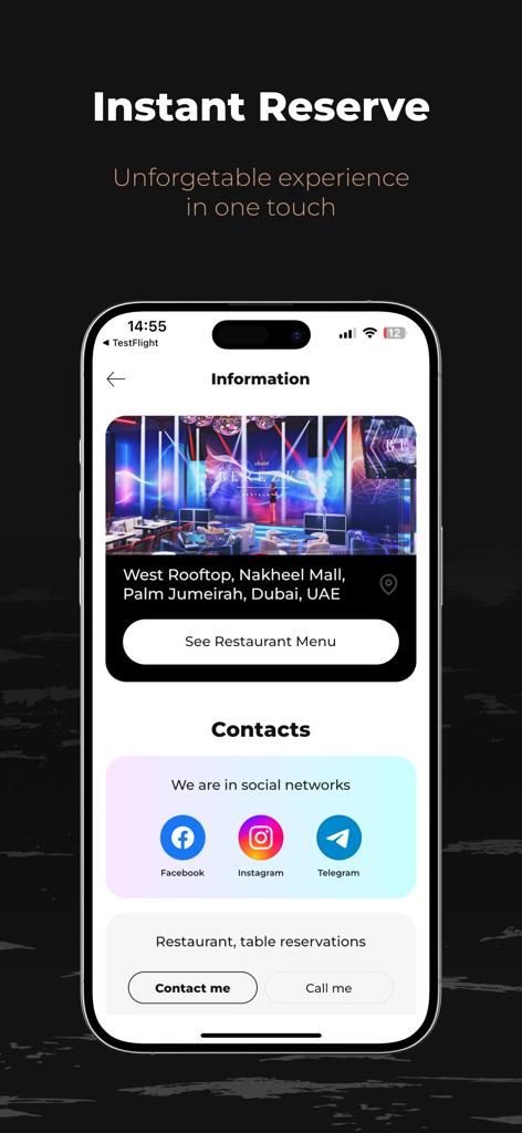 Chalet Berezka Dubai app interface showing restaurant location and contact options for table reservations