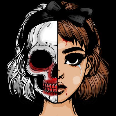 realistic girl with half skull mask