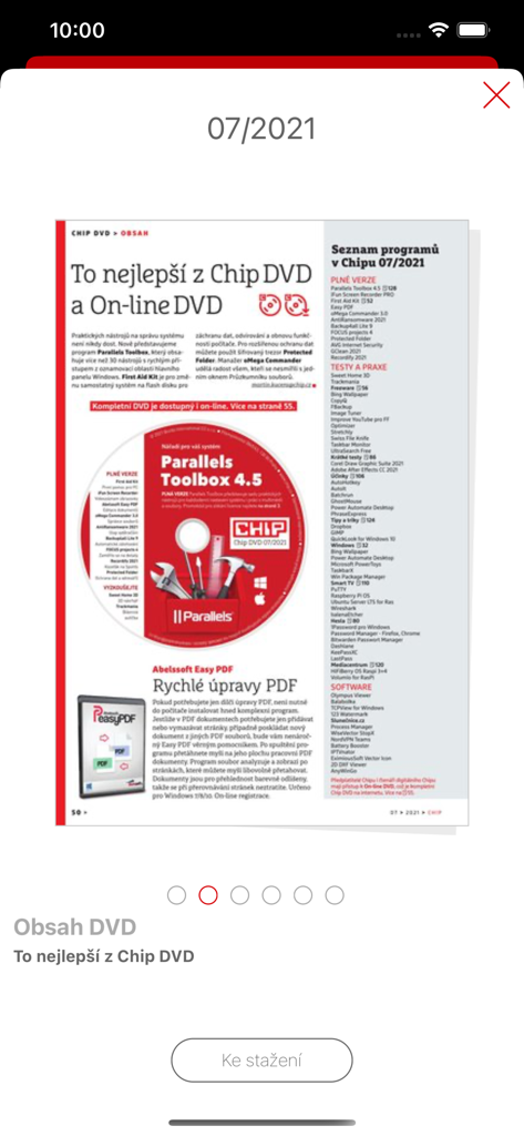 Screenshot of the Chip CZ mobile app showing a magazine page preview with a list of available software downloads