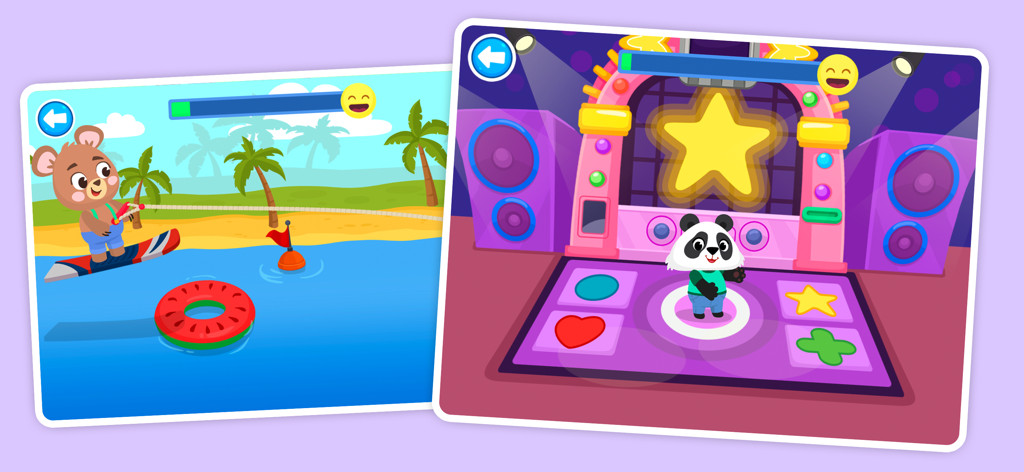 Supermarket Story - Two game screens from Supermarket Story featuring a bear surfing at the beach and a panda dancing on a colorful stage