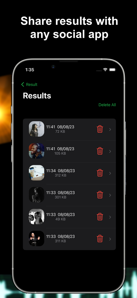 ByeNoise - Video Audio Editor - Una lista de resultados de audio y video procesados en la interfaz de la aplicación ByeNoise mostrando marcas de tiempo y tamaños de archivo