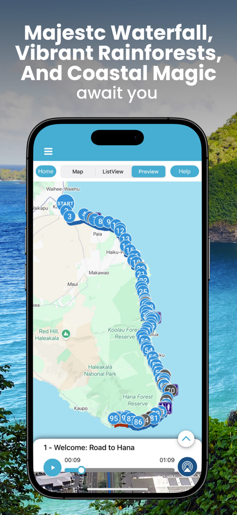 Road to Hana: Maui Audio Tours - Smartphone screen showing the Road to Hana GPS tour route with numbered stops along the Maui coastline