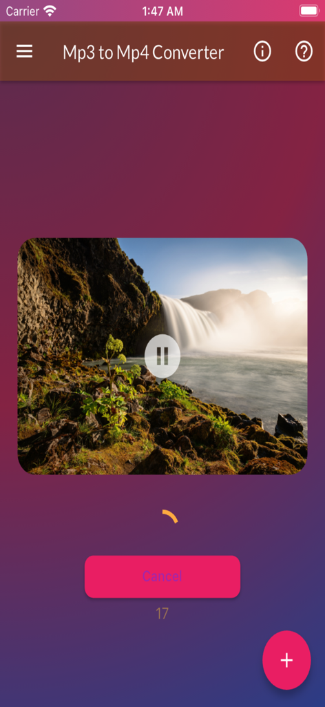 Mp3 to Mp4 Converterアプリ。滝の動画プレビューと一時停止アイコン、キャンセルボタンが表示されています。