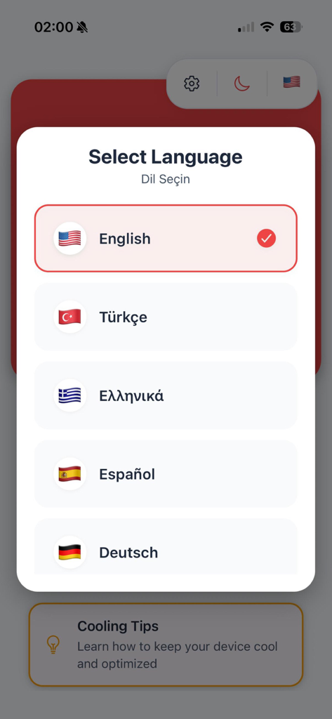 Phone Temperature - A screenshot of the Phone Temperature app showing the Select Language menu with options for English, Turkish, Greek, Spanish, and German.