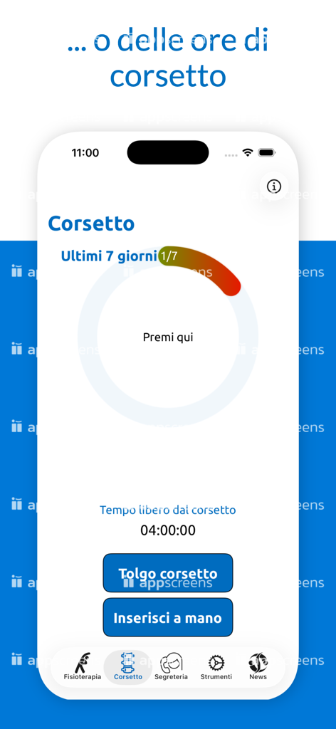 ISICOapp - Pantalla de la aplicación ISICOapp que muestra el tiempo de uso del corsé espinal y el seguimiento del progreso para pacientes con escoliosis.
