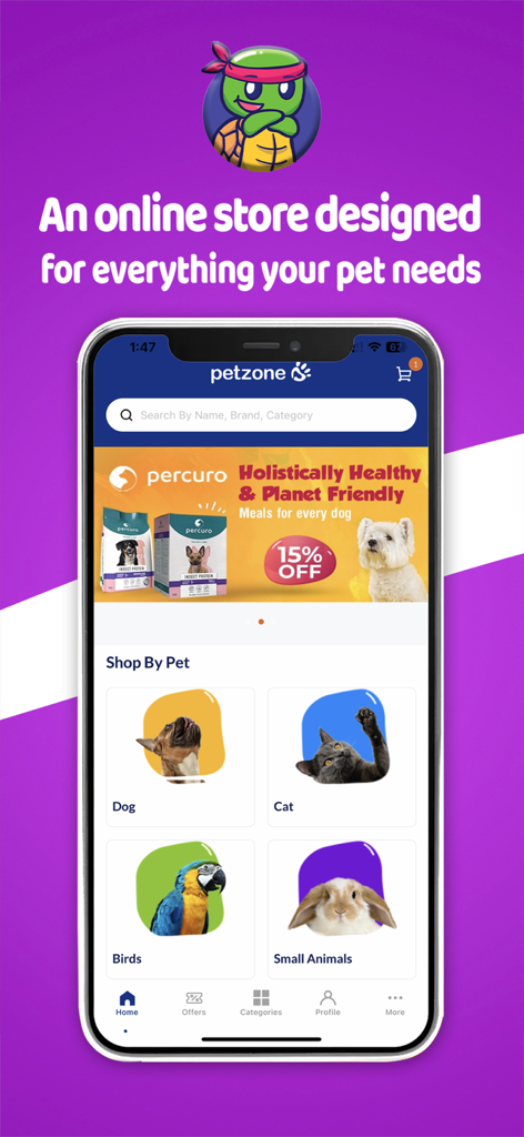Petzone - Petzone app home screen displaying shop by pet categories and promotional banners for pet supplies.