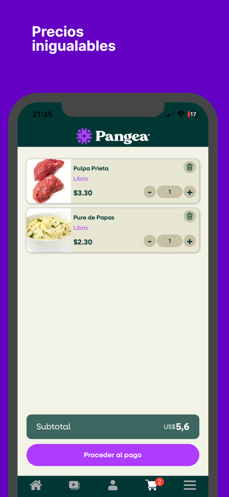 Pangea - Mobile screen of the Pangea food delivery app showing a shopping cart with grocery items and subtotal in Spanish