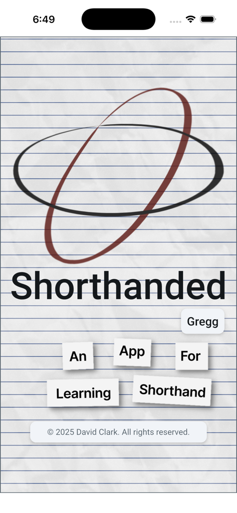 Shorthanded Gregg - Splash screen for Shorthanded Gregg app showing the app logo and title on a lined paper background.