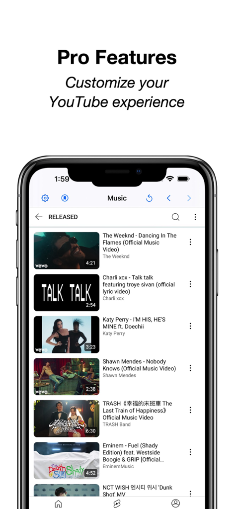 CarTube for Youtube - CarTube for YouTube app interface showing a list of music videos under the Pro Features header