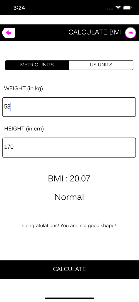 A screenshot of the BMI calculator within the Facefitness app showing weight and height input fields and a normal result