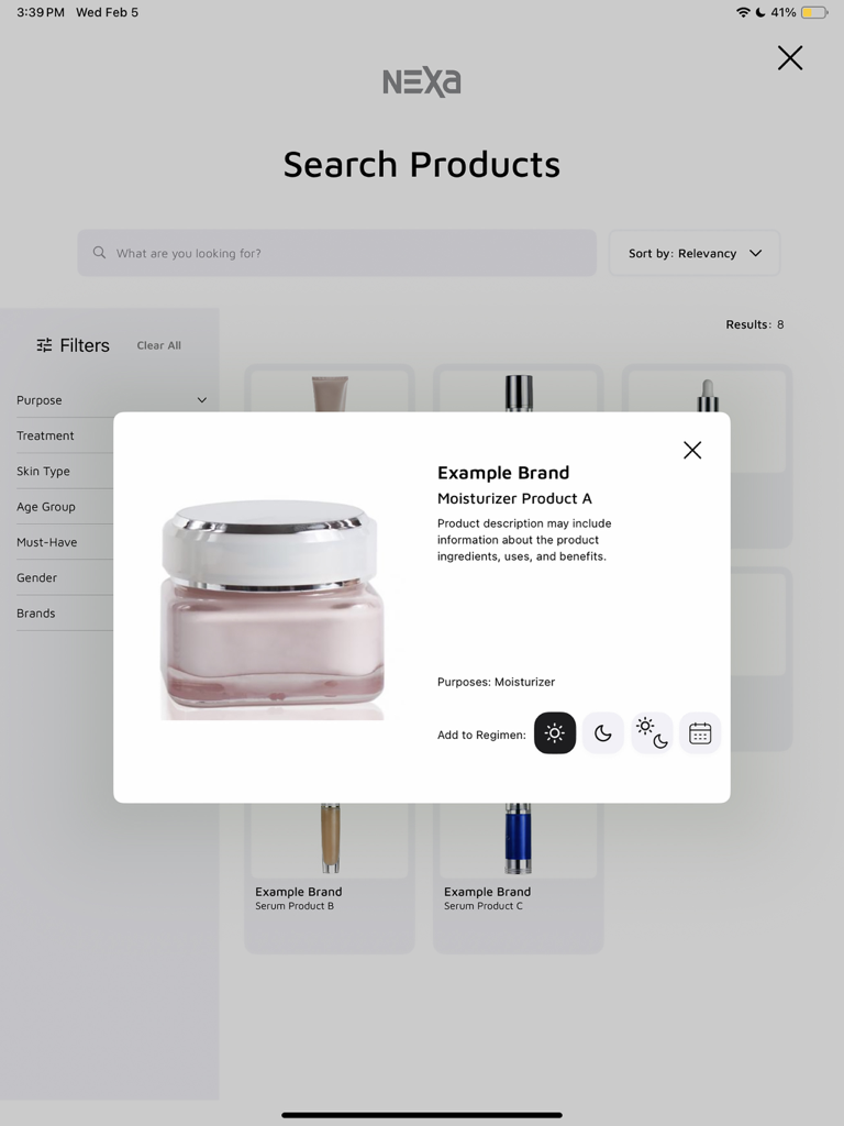 Professional skincare product search and recommendation screen in the NEXA app.