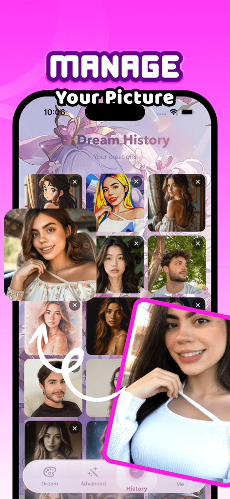 Pantalla de la aplicación Cade Art Vibe mostrando una galería personal de retratos artísticos generados por IA bajo la sección Historial de Sueños