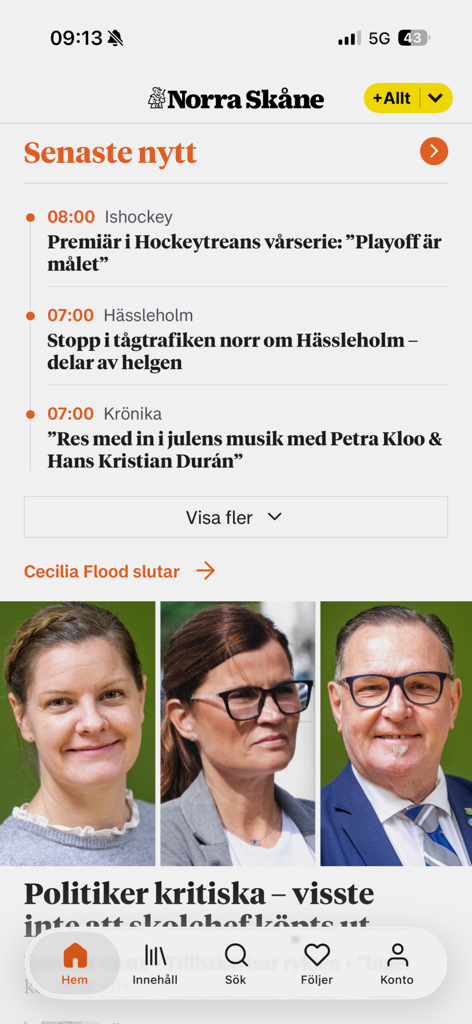 Norra Skåne - The Norra Skane mobile app interface showing latest Swedish news and local political reports.