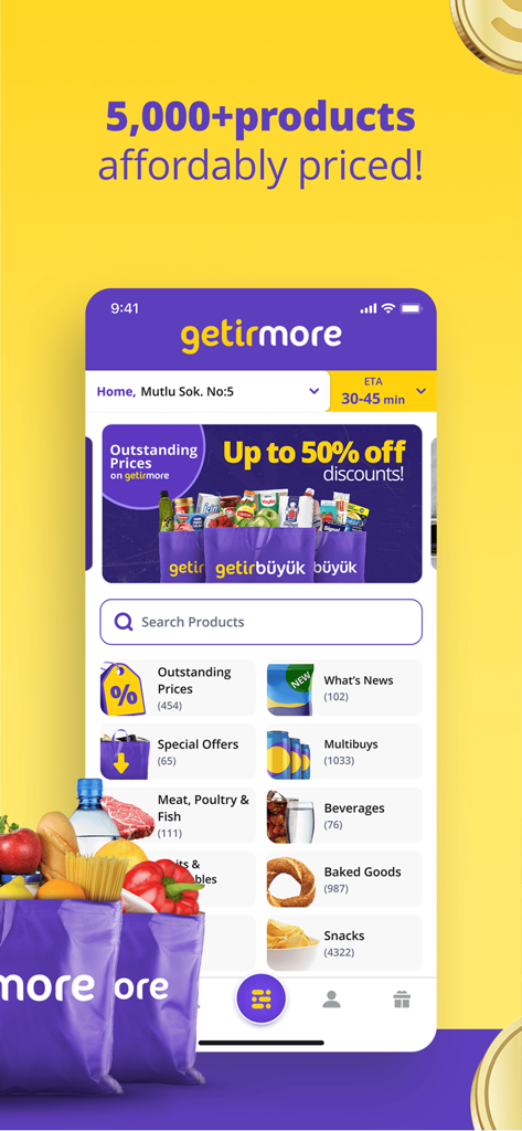 getir: groceries, food&beyond - GetirMoreアプリのインターフェース、食料品カテゴリと割引を表示