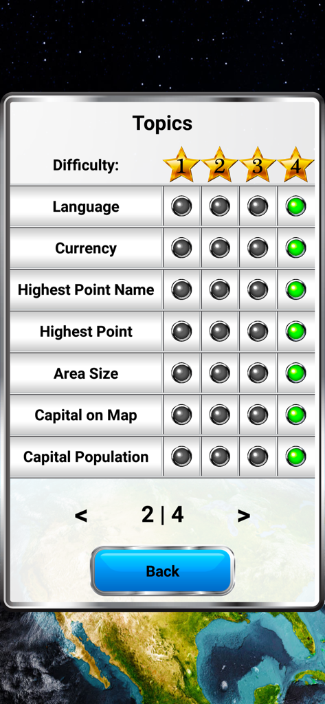 Um menu de tela do Jogo de Quiz de Geografia do Mundo mostrando categorias de tópicos como moeda e tamanho da área em quatro níveis de dificuldade.