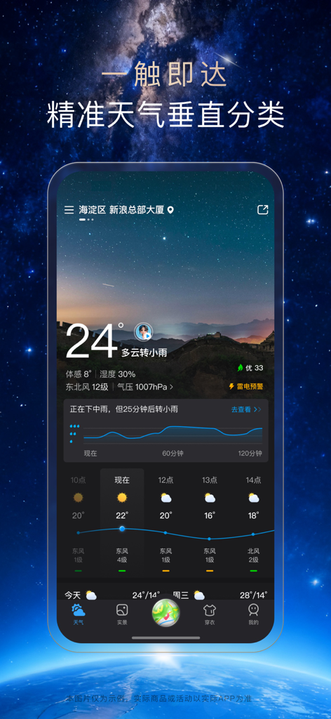 Screenshot dello smartphone dell'interfaccia dell'app meteo Tianqi Tong che mostra una previsione meteo dettagliata e uno sfondo notturno stellato.