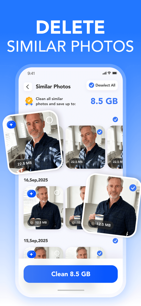 Clean Storage Pro: AI Cleaner - Clean Storage Pro app interface showing the delete similar photos feature which helps users save 8.5 GB of storage space