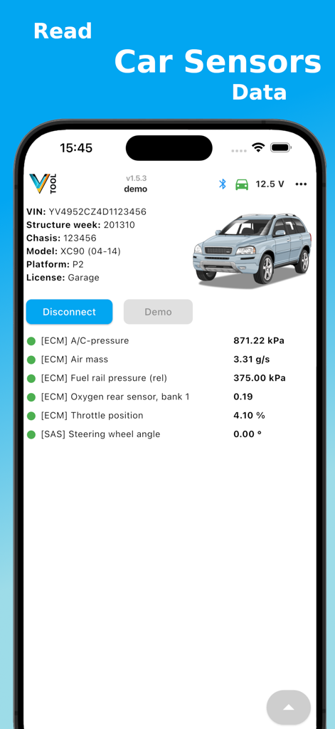 Aplicación V-Tool OBD Scanner mostrando datos de sensores en tiempo real para un Volvo XC90