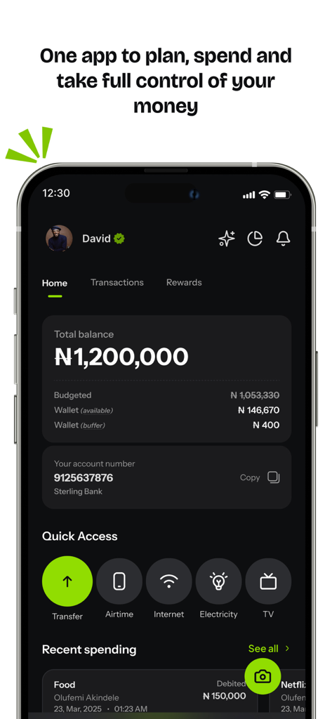 Delight: Plan, spend and grow - Delight app home screen showing total balance account number and quick access payment icons